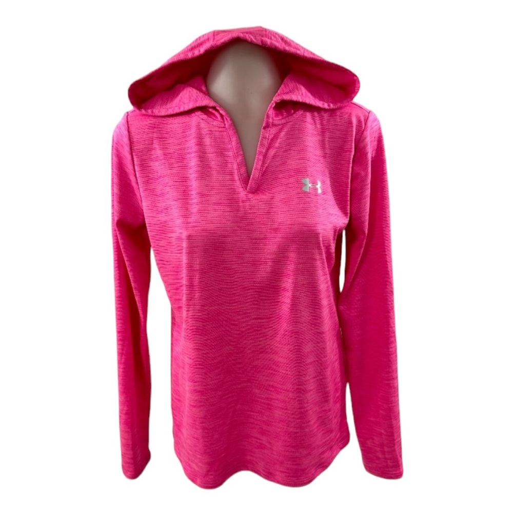 UNDER ARMOUR Hoodie Florescent Pink Loose Heat Gear VNeck Long Sleeve At…